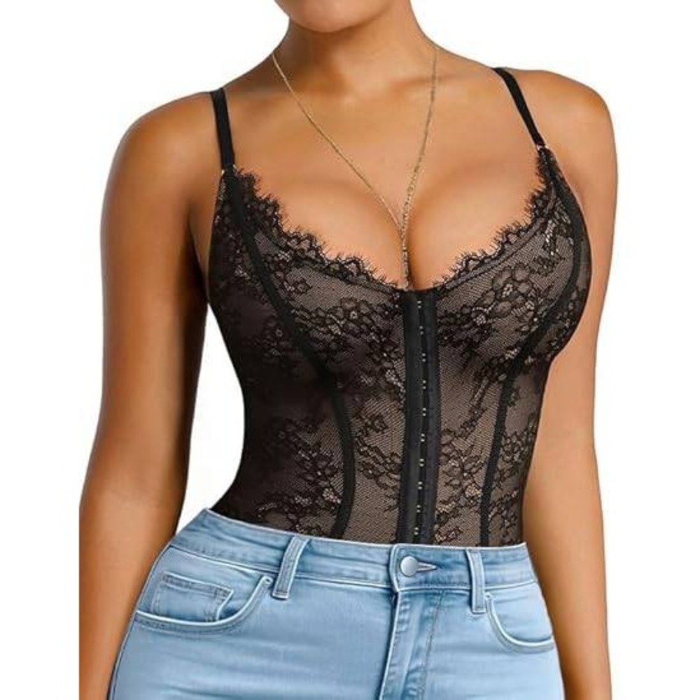 MSRP $55 SHAPELLX Women's S Black Lace One Piece Bodysuit Tummy Control Sha